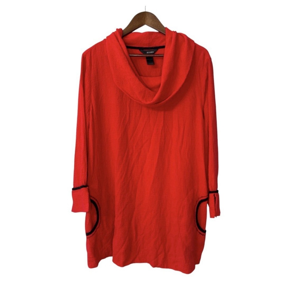 Ali Miles cowl neck blouse women's XL red textured crepe festive art boho tunic